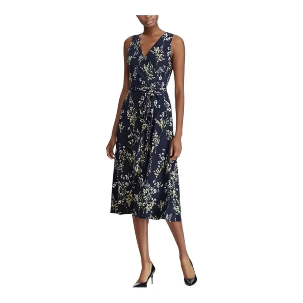 Lauren Ralph Lauren Size 4 Sleeveless Navy Chic Floral Midi Dress Feminine